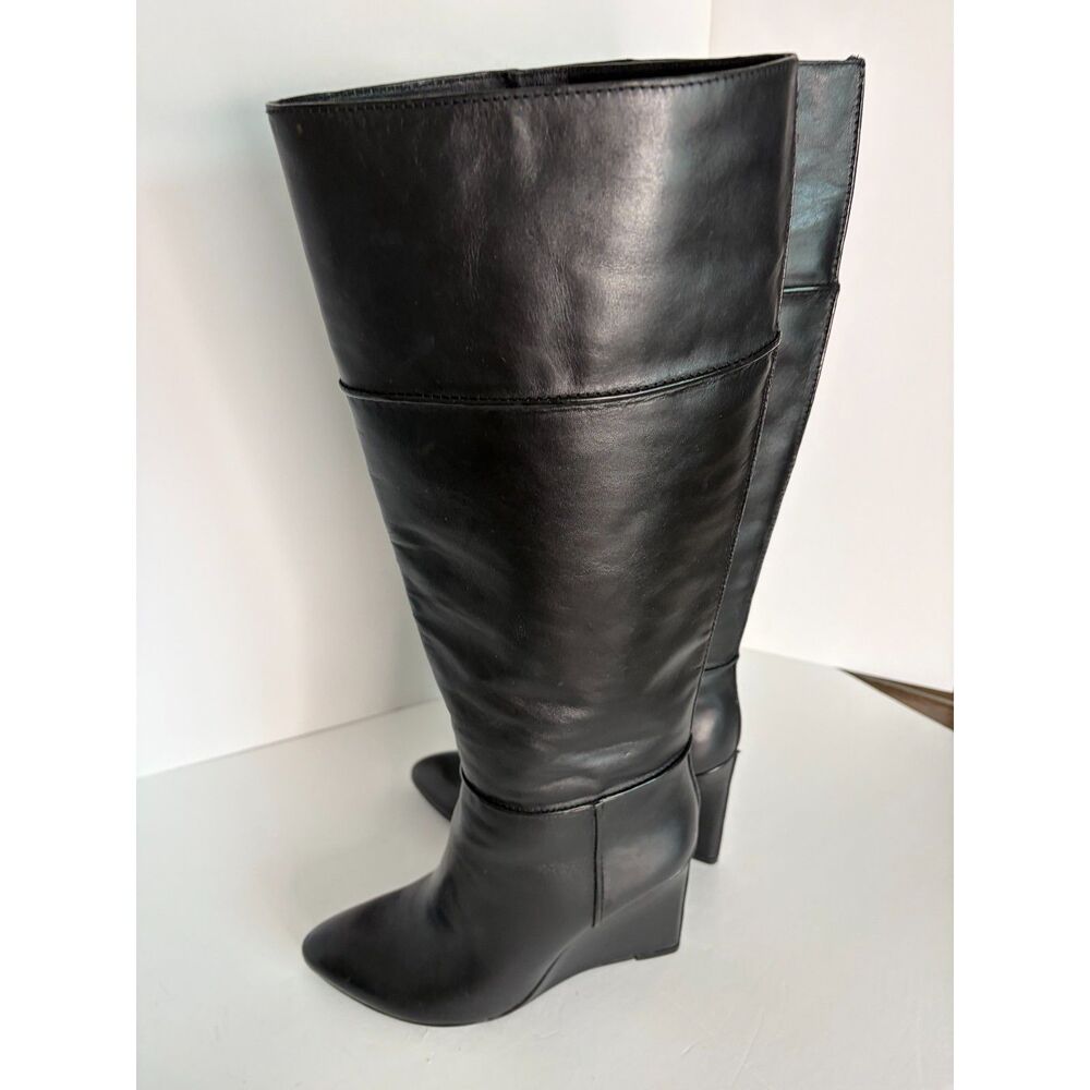 Tory Burch Linnett 100mm Black Leather Knee-High Wedge Boots Size 9.5